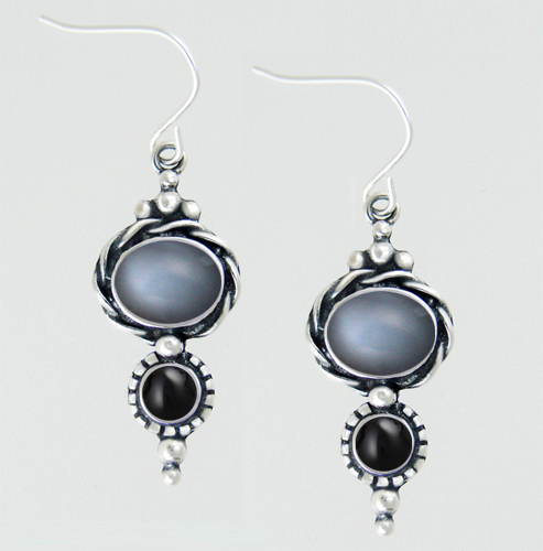 Sterling Silver Drop Dangle Earrings With Grey Moonstone And Black Onyx